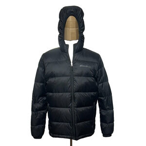 Eddie Bauer Puffer Jacket Coat Mens Medium Black Down Insulated Hooded Full Zip